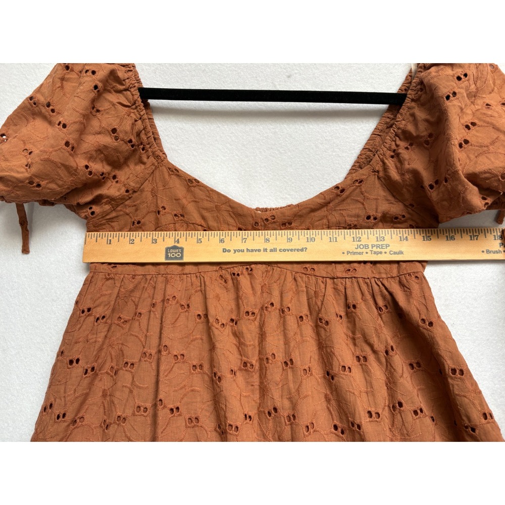 Lush Brown Eyelet Cotton Mini Dress Puff Sleeve Boho Babydoll DR97108E-I Small - Picture 9 of 10